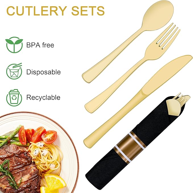 400 PCS Pre Rolled Cutlery Sets, Premium Gold Plastic Flatware Set Wrapped in Black Napkin, Disposable Cutlery Set with 100 Forks, 100 Knives, 100 Spoons, 100 Napkins for Wedding, Party, Dinner