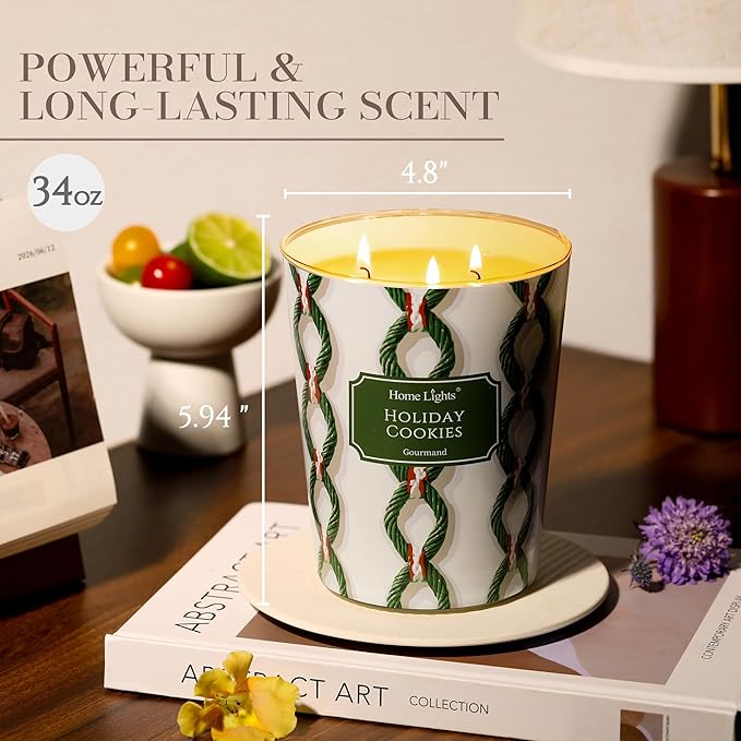 HomeLights Scented Candles | Large Jar 34 Oz Natural Soy Candle | 130 hrs Long-Lasting with 3 Wicks | Rustic Modern Home Decor | Gifts for Mom & Women, Holiday Cookies