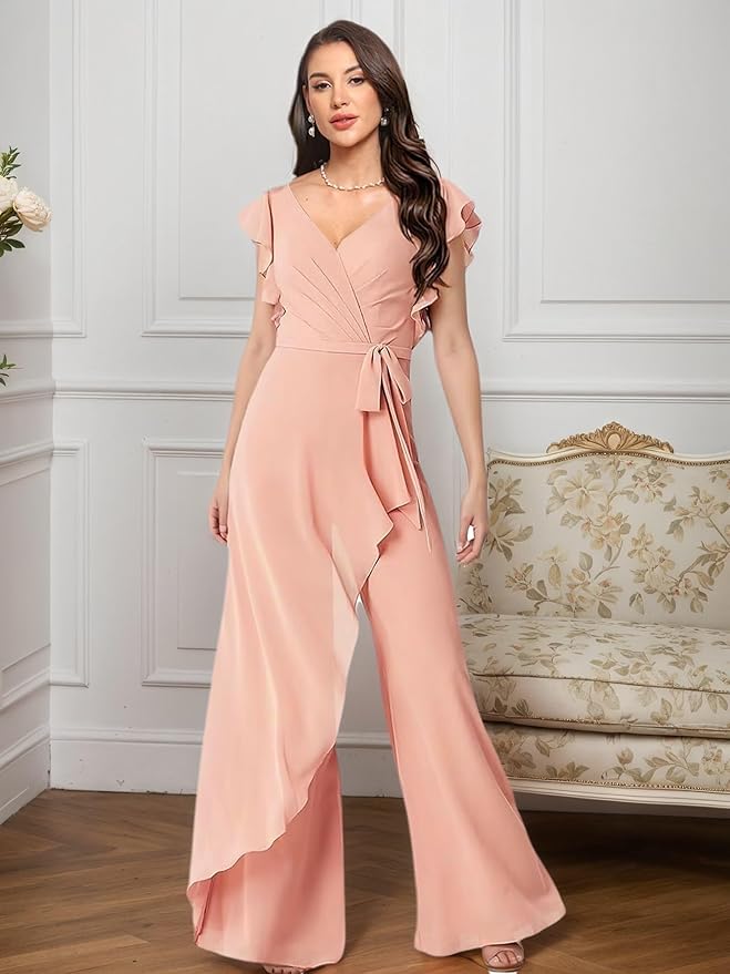 Chiffon Mother of The Bride Jumpsuits for Women Asymmetrical Pant Suits Flutter Sleeve V Neck Formal Evening Outfits