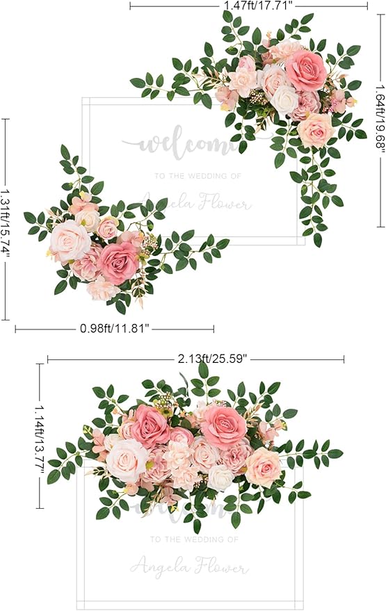 2pcs Dusty Pink Artificial Flower Swags Decor Wedding Welcome Sign Easel Board Rose Eucalyptus Garland for Outdoor Party Ceremony Backdrop Reception Entryway Table Decor Faux Floral