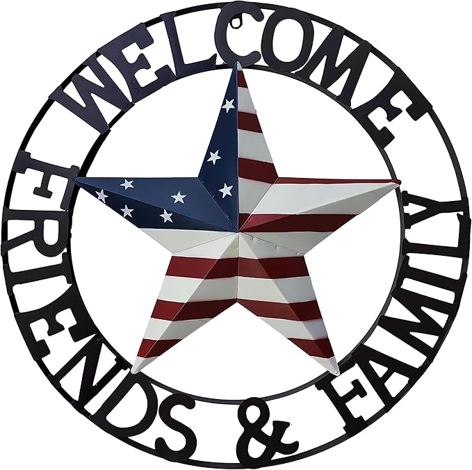 JoyEvy 22" Patriotic Metal Barn Star Welcome Sign Wall Sculptures, American Flag Design Outside Wall Decor,Metal Star for Indoor or Outdoor ,Texas Stars for Western Country Farmhouse Primitive House Decoration