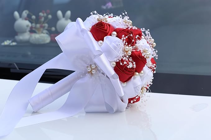 Handmade Wedding Bouquets for Bride Bridesmaid Brooch Bouquet Artificial Holding Flower Tossing Bouquet for Wedding Ceremony Anniversary(red/white-19cm)