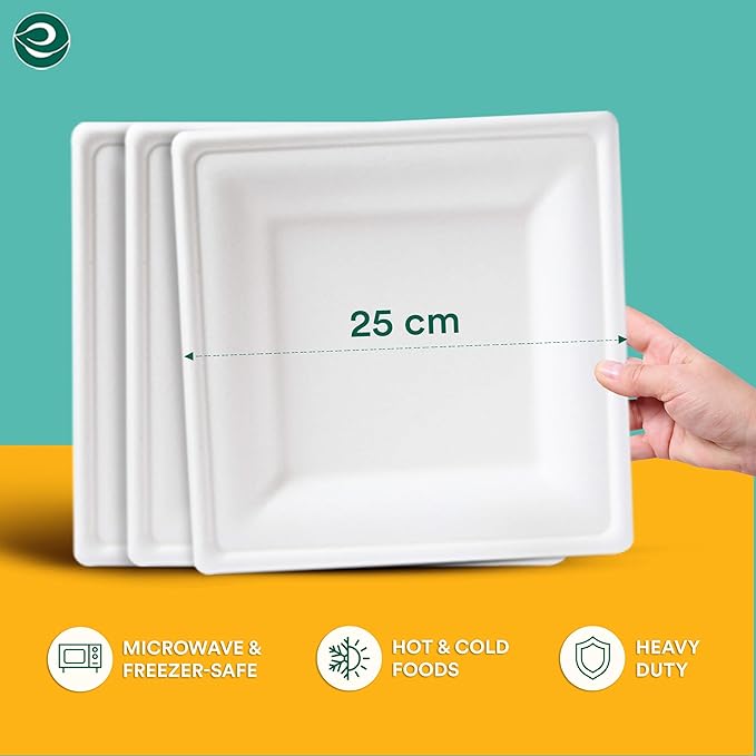 ECO SOUL 10 Inch Compostable Disposable Paper Plates [200 Pack] Food Safe 100% Virgin Bagasse Pulp Heavy Duty Biodegradable Microwave Safe Large Square Dinner Plate for Party, Picnic & BBQ (White)