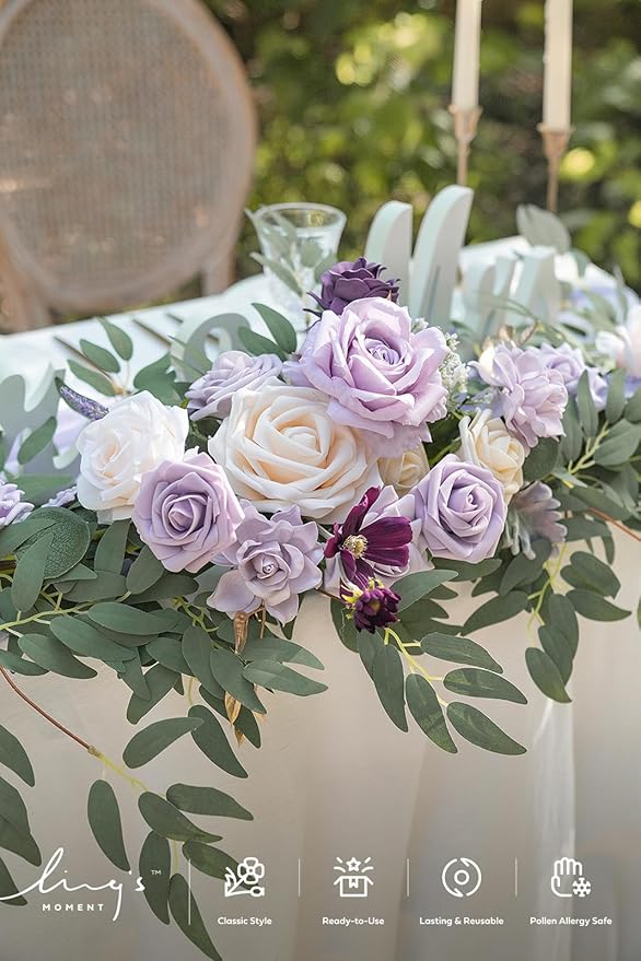 Ling's moment 9FT Flower Garland for Backdrop Decorations - Wedding Arch Flowers, Eucalyptus & Rose, Artificial Floral Garland for Mantel - Sweetheart Table Decor for Ceremony Reception, Lilac & Gold