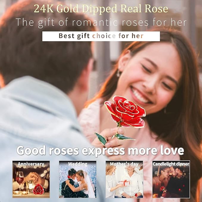 Valentines Day Gift Rose,24k Gold Real Rose Gift for her and Great Valentines Gift for her Rose, red Rose with Stand