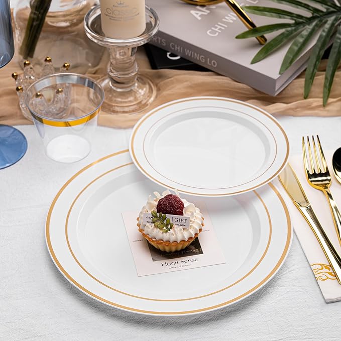 N9R 700PCS Gold Disposable Dinnerware Set for 100 Guests, White Plastic Plates with Gold Rim, Include 100 Dinner & Dessert Plates, Plastic Silverware Set, Cups, Napkins for Party and Wedding