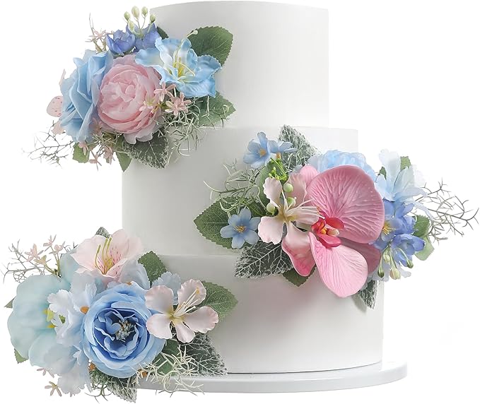 Serra Flora 3Pcs Pre-made Silk Flowers Cake Topper Artificial Blue Wedding Cake Decorating are Perfect for Weddings, Anniversaries,Birthday parties.