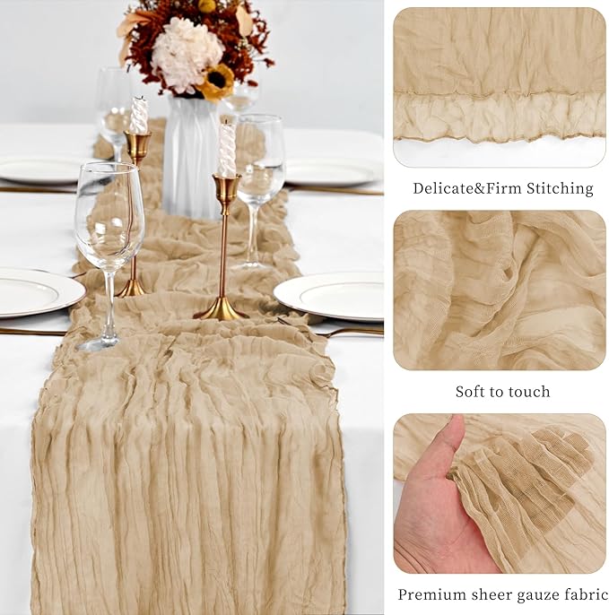 30 Pack Beige Table Runner 10Ft Cheesecloth Table Runner Boho Gauze Table Runners Romantic Long Sheer Fabric Cheese Cloth Table Runners for Wedding Party Bridal Shower