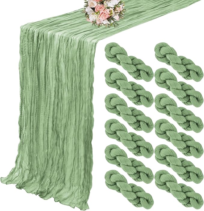 12 Pack Cheesecloth Table Runner 20 x 120 inch Cheese Cloth Table Runner Bulk,Romantic Boho Sheer Gauze Fabric Table Runners for Wedding Reception,Party,Bridal Shower Table Decor(Sage Green)