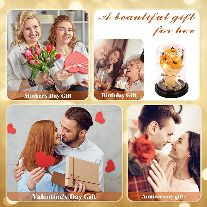 Valentines Day Gifts for Her,Flower Rose in Glass Dome with 2 Lighting Mode,Sunflower Gifts for Mom,Artificial Forever Flowers Xmas Birthday Gifts for Women Mom Wife Girlfriend Sister Friend