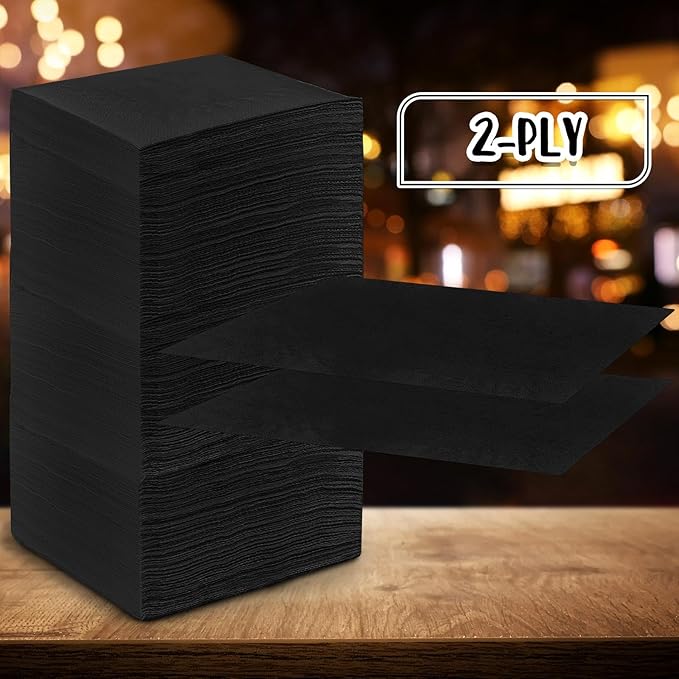 Henoyso 500 Pack 2 Ply Black Cocktail Napkins Bulk 9.8'' x 9.8'' Disposable Bamboo Dinner Beverage Paper Napkins for Wedding Bar Party Birthday Cocktail Holiday Elegant Restaurant Event