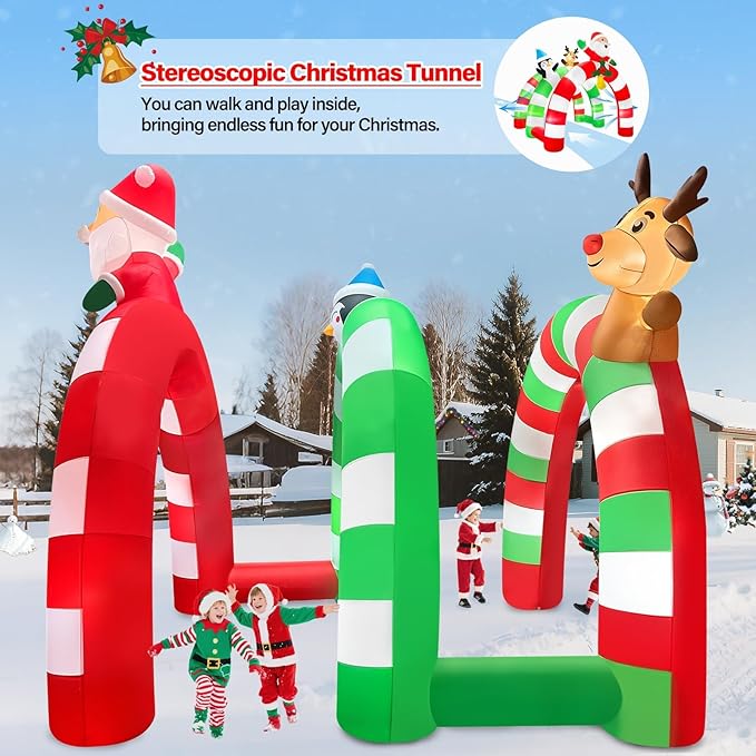 12FT Christmas Inflatable Archway with LED Light, Kalolary Santa Elk Inflatable Tunnel Stereoscopic Xmas Penguin Arch Inflatables Christmas Blow up Outdoor Decoration for Yard Lawn Party Shopping Mall