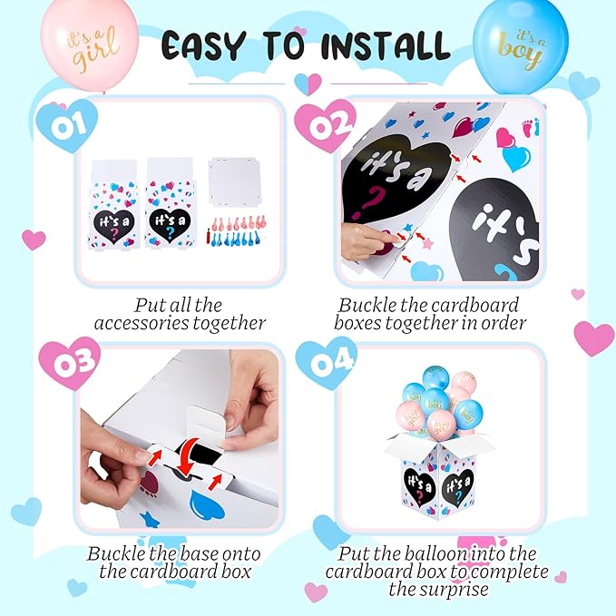 Ireer Gender Reveal Balloon Box with 16 Latex Baby Balloon Release Box Funny Ideas for Gender Reveal Party Decorations Supplies(Boy and Girl,Pink,Blue)