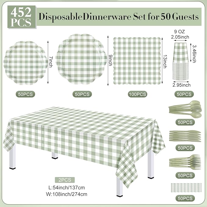 452 Pcs Sage Green Gingham Party Decorations Include White and Green Checkered Paper Plates Napkins Cups Tablecloth Cutlery Straws for Birthday Baby Shower Wedding Party Supplies