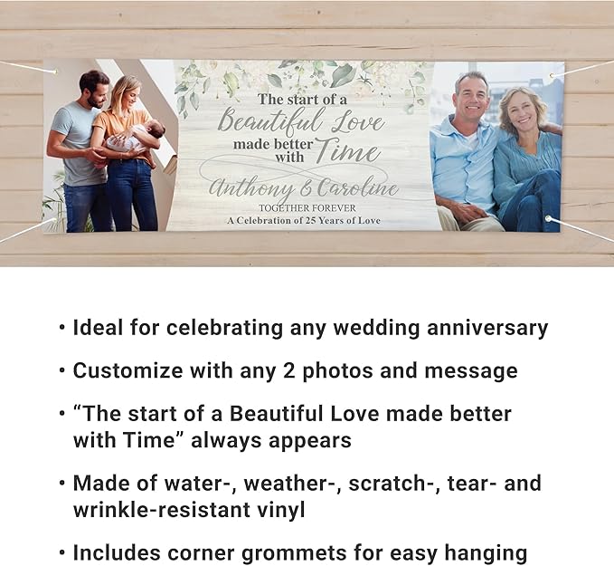 Let's Make Memories Personalized Banner - Anniversary Party Decor - Customized Banner - Any Message - Indoor/Outdoor Vinyl - Now and Then Photos - 8 ft