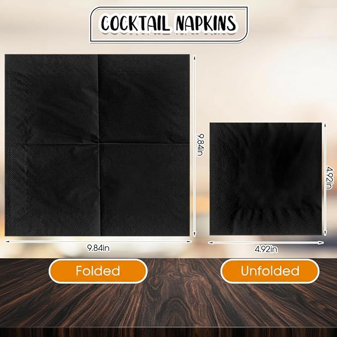 Henoyso 500 Pack 2 Ply Black Cocktail Napkins Bulk 9.8'' x 9.8'' Disposable Bamboo Dinner Beverage Paper Napkins for Wedding Bar Party Birthday Cocktail Holiday Elegant Restaurant Event
