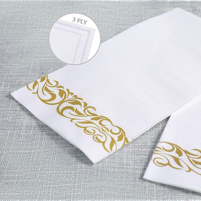 Vplus 600 Pack Paper Napkins Guest Towels Disposable Premium Quality 3-ply Dinner Napkins Disposable Soft, Absorbent, for Kitchen, Wedding, Parties, Dinners or Events(Gold)