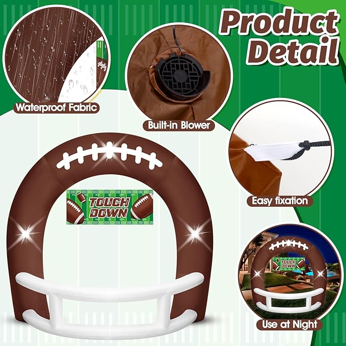 8FT Brown and White Football Helmet Inflatable Arch with Game Day Banner, Giant Outdoor Blow Up Football Helmet with Built-in 3 LED Lights for Football Themed Birthday Party Lawn Yard Decoration