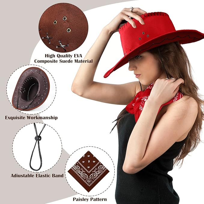 Coume 10 Set Cowboy Hat and Bandana for Women Men 10 Felt Cowgirl Cowboy Hat Bulk 10 Western Bandanas for Adult Costume Party