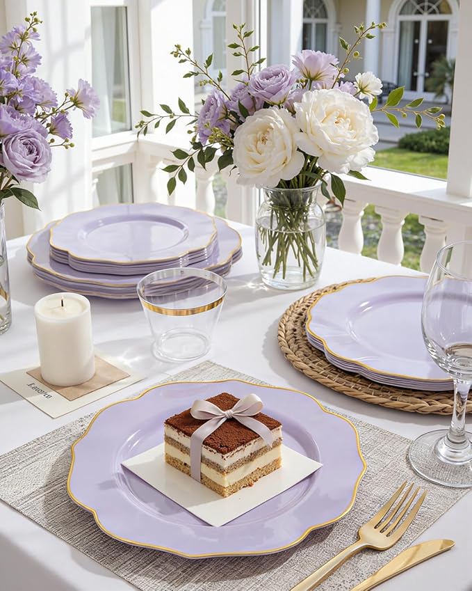 bUCLA 180PCS Purple Plastic Plates - Disposable Purple with Gold Rim, Include 30 Each (Dinner & Salad) Plates, 30 Knives, 30 Forks, 30 Spoons, 30Cups for Party & Birthday