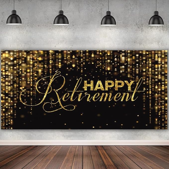 15x8ft Happy Retirement Photography Backdrop Luxury Black and Gold Party Backdrop Background Gold Glitter Celebrate Retirement Party Decorations Wallpaper Studio Props Bokeh Banner Supplies
