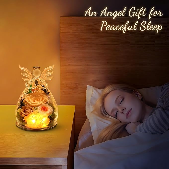 Gifts for Women Valentines Day Flowers for Delivery Birthday Gifts for Mom Grandma Preserved Rose Forever Flower in Glass Angel Figurines Bouquet Anniversary for Wife Sister Mother Friends