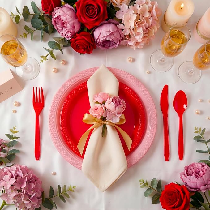 MirthMood 350PCS Valentines Plastic Plates For Party, Valentines Disposable Plates Set, 50 Of Each Dinner Plate Set, Dessert Plate, Cups, Napkins & Cutlery Plastic Dinnerware for Valentine's Day