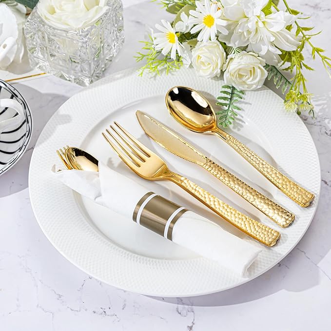 WELLIFE 100 Pack Gold Plastic Silverware, Pre Rolled Silverware Set Disposable,Plastic Cutlery Includes: 100 Forks, 100 Knives, 100 Spoons, 100 Napkins, Cutlery Set Disposable for Party