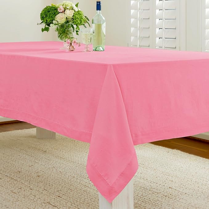 Solino Home Linen Tablecloth for Rectangle Tables 60 x 120 Inch - 100% Pure Linen Pink Carnation Table Cloth - Fete, Machine Washable Cloth Tablecloth for Valentines, Spring, Easter