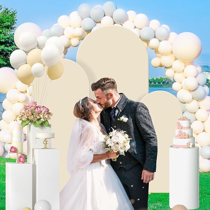 Wedding 3-piece metal wedding arch background bracket (4, 5, 6) with cover cloth - suitable for weddings, birthdays, baby showers, and anniversary celebrations (Beige, 6*6.6*7.2)