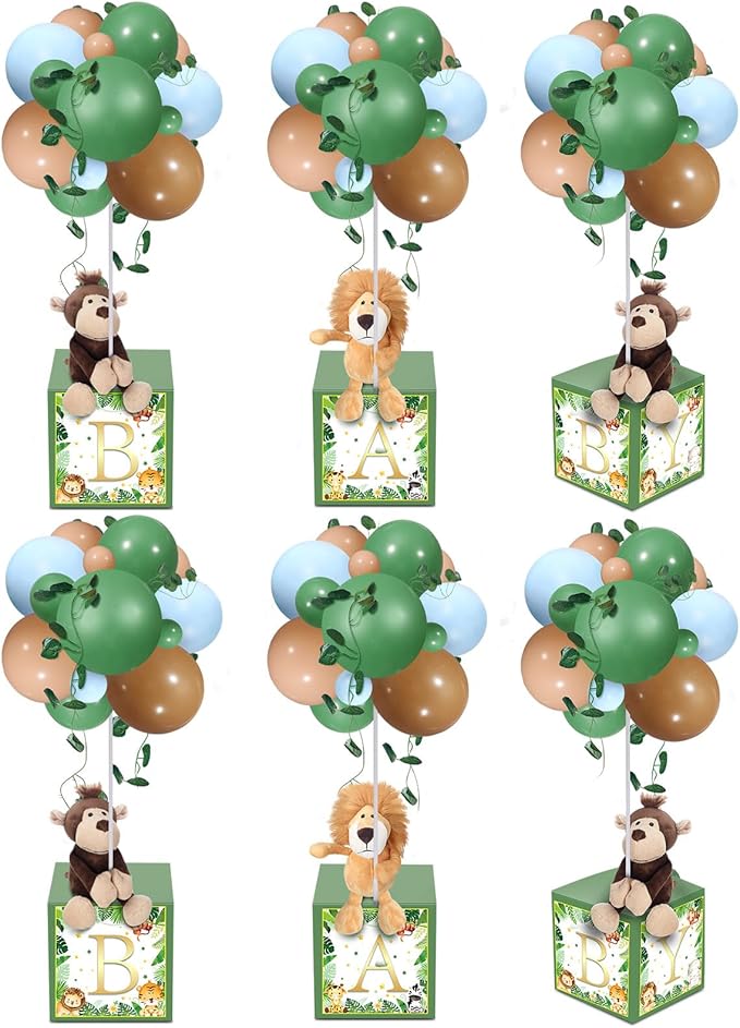 Lenwen 6 Sets Baby Letter Boxes Decorations Table Centerpieces for Baby Shower Gender Reveal,Bear Stuffed Animals Balloon with Stand Plush Toy Boxes for Birthday Party Wedding(Animals,Forest)