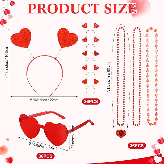 Kanayu 108 Pcs Valentines Day Accessories 36 Valentines Heart Headbands 36 Heart Shaped Sunglasses 36 Bead Necklaces for Valentine Party Favors Supplies Bachelorette Decorations(Red)