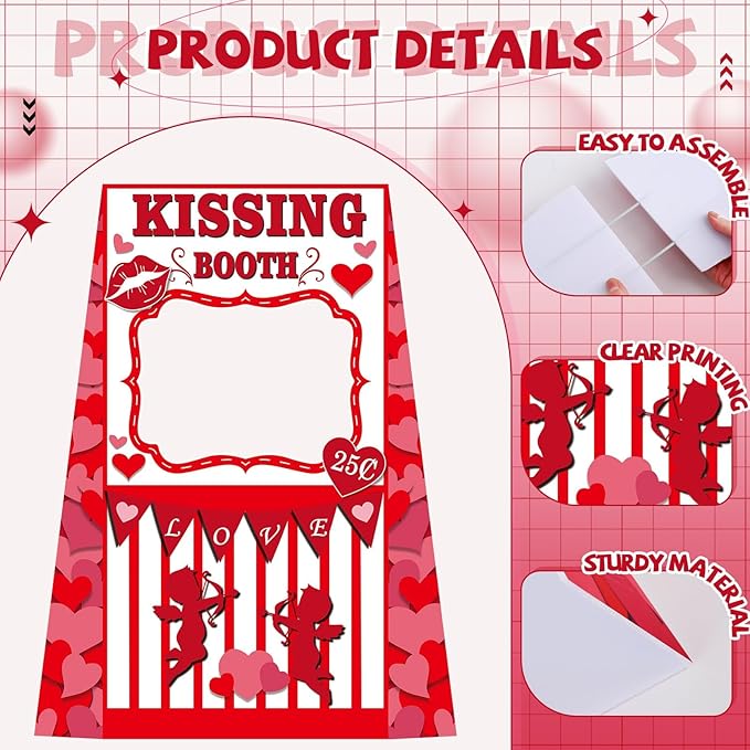 Valentine’s Day Photo Booth Prop, 48 x 63 inch Valentines Kissing Booth Cardboard Cutout Life-Size Standup, Love Photography Backdrop Decoration for Couple Anniversary Wedding Party Favor