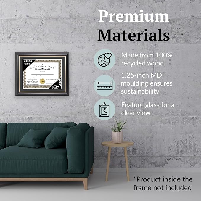 Creative Picture Frames 14" x 17" Rockefeller Black with Gold Rim Diploma Frame, Displays 14" x 17" Certificate or 16" x 20" Document without Mat, College Degree Frame, Full-Strength Glass, Black Mat
