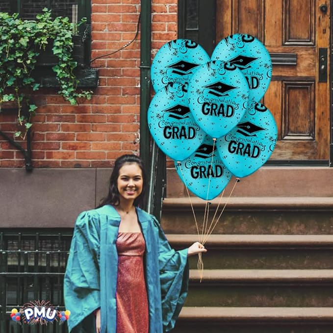 PMU 100 Pcs Turquoise Graduation Balloons Class of 2025 with All-Over Print White Grad Caps-Confetti and Streamers | Graduation Party Supplies | Congratulations Grad Latex Balloons Latex