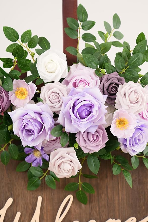 2pcs Purple Deluxe Welcome Sign Artificial Flowers Wedding Backdrop Garland Hanging Floral Arrangements for Ceremony Reception Entryway Board Sweetheart Table
