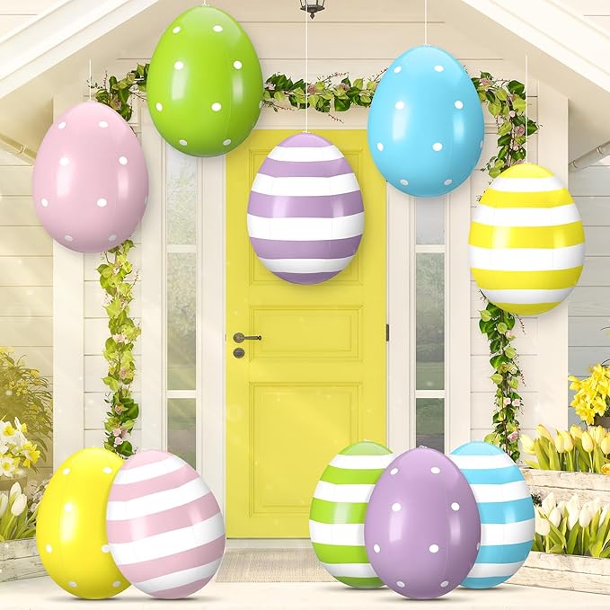 Leyndo 10 Pack 16 inch Inflatable Easter Eggs Decorations Easter Inflatables Outdoor Decor Colorful Eggs Inflatable Easter Eggs Ornaments for Easter Yard Garden Lawn Party Supplies