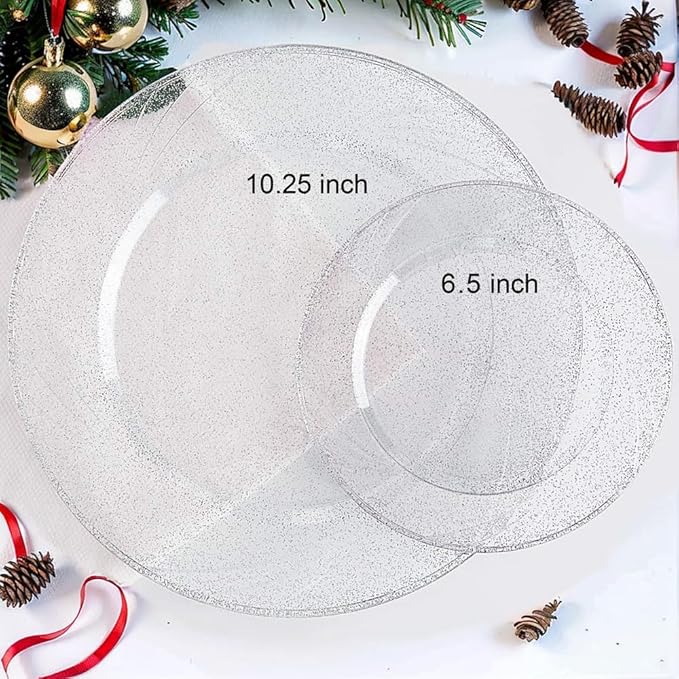 WDF 150pcs Silver Plastic Plates Disposable - Winter Wonderland Party Decorations include 50 Dinner And Salad Plates,25 Forks, 25 Knives, 25 Spoons& 10oz Plastic Cups