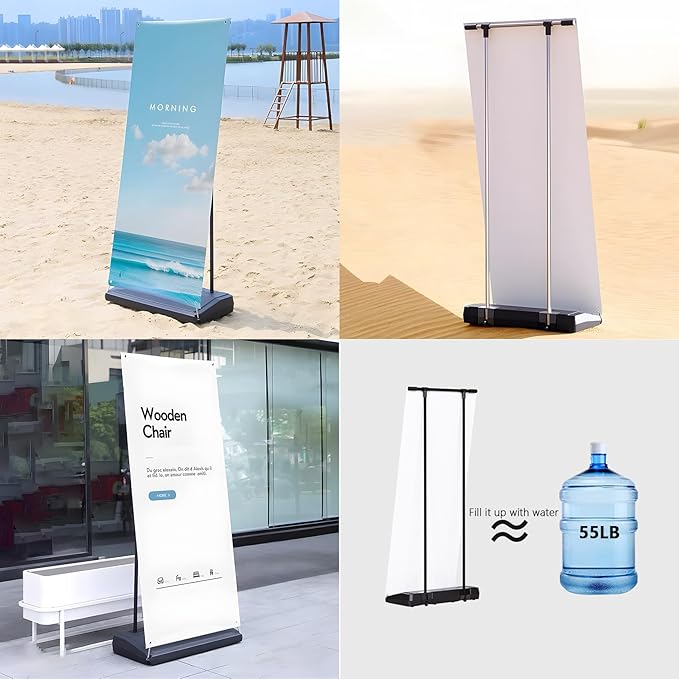 Outdoor Windproof Heavy Duty Water-Injection Banner Stand,Vertical Sign Holder,Standing Up Poster Stand For Tradeshow,Store Business advertising Wedding Restaurant,Conferences 32x71inch(Stand Only )