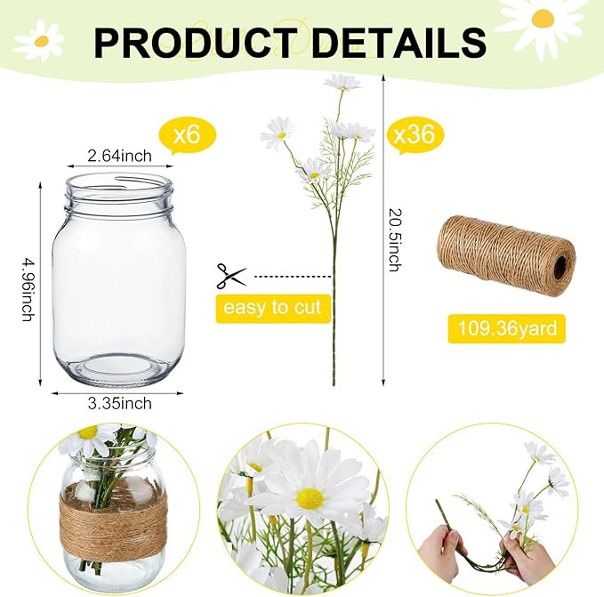 43 Pcs/ 6 Set Daisy Mason Jar Table Centerpiece Mason Jar Vases Faux Floral with Rope Boho Rustic Flower Table Decoration for Reception Engagement Party Bridal Shower Wedding