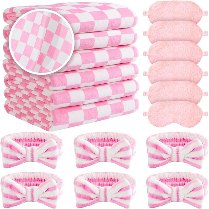 18 Pcs Sleepover Party Supplies for Girls, 6 Style Cute Pink Plaid Blanket 6 Coral Fleece Spa Headband 6 Plush Pink Eye Mask Cover for Slumber Sleepover Spa Party Gift