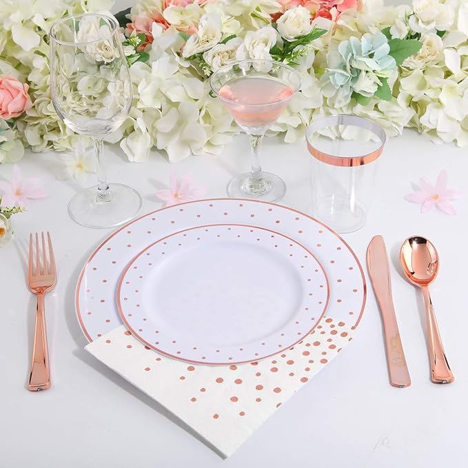 WELLIFE 350 PCS Rose Gold Plastic Plates, Includes: 50 Dinner Plate, 50 Dessert Plate, 50 Forks, 50 Knives, 50 Spoons, 50 Cups, 50 Dot Napkins for Party and Wedding