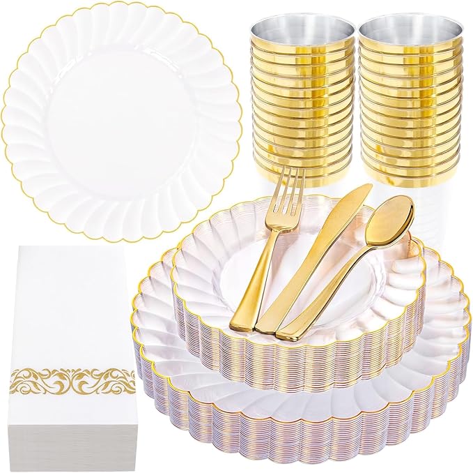 YOUBET 175PCS Gold Scalloped Plastic Plates - Clear and Gold Disposable Dinnerware Set Include 50 Plates, 75 Gold Silverware, 25 Cups, 25 Napkins for Party & Wedding
