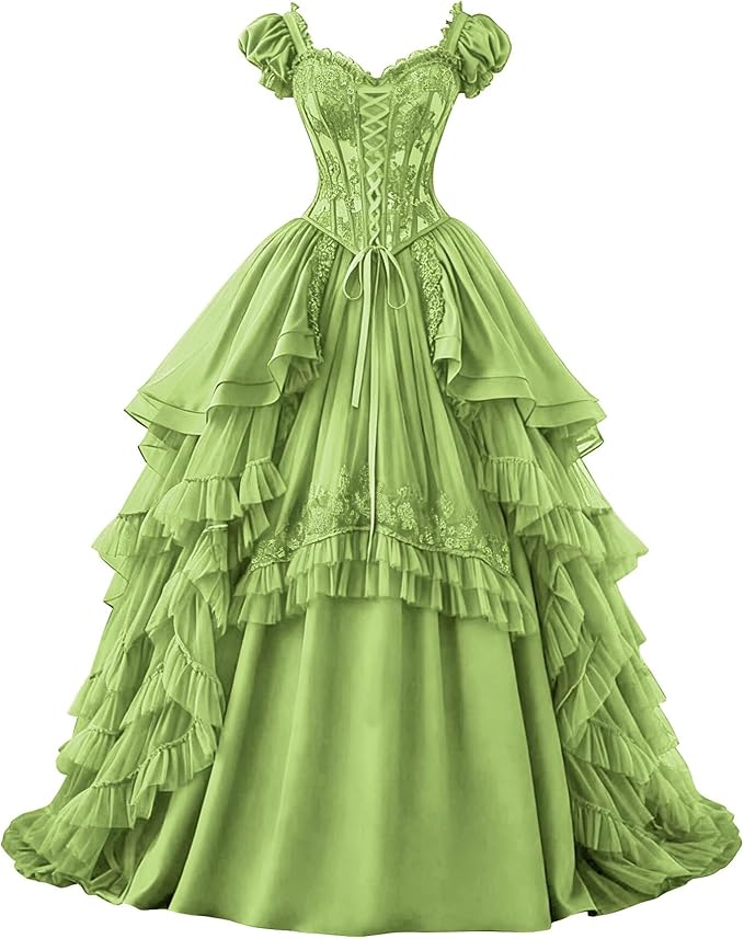 Ftupza Gothic Wedding Dresses Lace Appliques 1800s Victorian Dresses for Women Layered Tulle Prom Dress Long Ball Gown