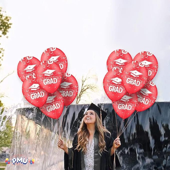 PMU 100 Pcs Red Graduation Balloons Class of 2025 with All-Over Print White Grad Caps-Confetti and Streamers | Graduation Party Supplies | Congratulations Grad Latex Balloons Latex