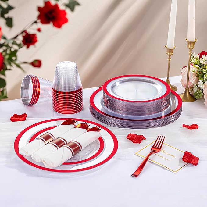 I00000 700 Piece Red Plastic Dinnerware Set for Party, Clear Disposable Plates for 100 Guests, Include: 100 Dinner Plates, 100 Dessert Plates, 100 Pre Rolled Napkins with Cutlery Set, 100 Cups