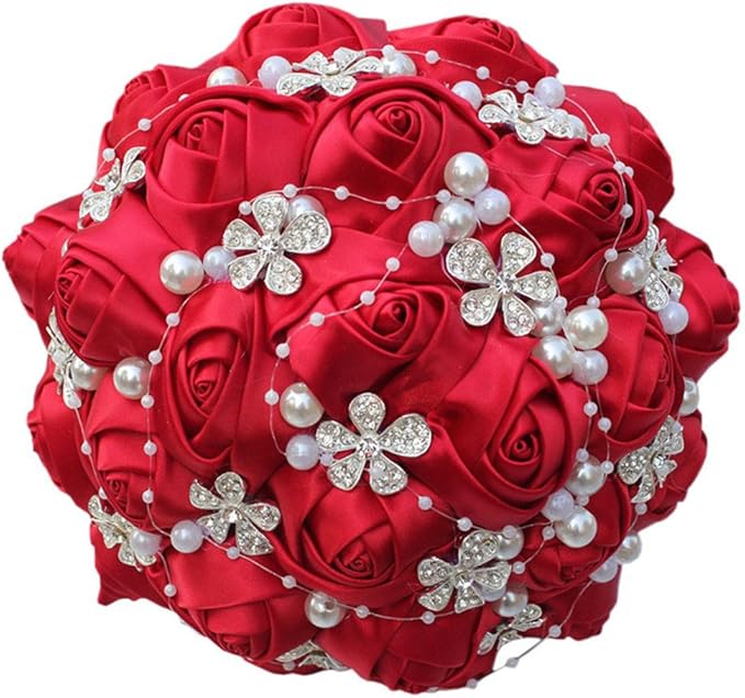 S_SSOY Hand Made Shining Crystal Rhinestones Pearl Silk Rose Bridesmaid Bridal Artificial Bouquets Customization Bride Holding Bouquet Wedding with Corsage Flower, A-018, Red