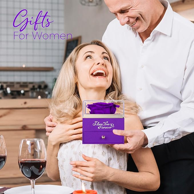 NEWNOVE Preserved Real Purple Rose with Angle Wings Necklace, Valentines Day Flowers Gifts for Mom Grandma Wife Girlfriend, I Love You Gifts for Her, Anniversary or Birthday Gifts for Women