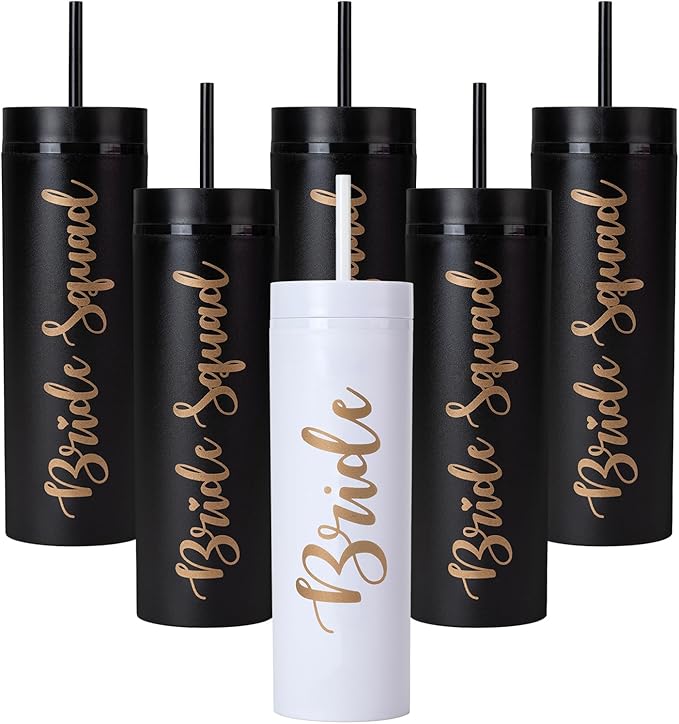 6 Pack Bride to Be Skinny Tumbler | 16 oz Bride Squad Tumblers | Bachelorette Party Cups | Engagement Wedding Gifts Bridesmaids Mugs & Party Supplies (Black)
