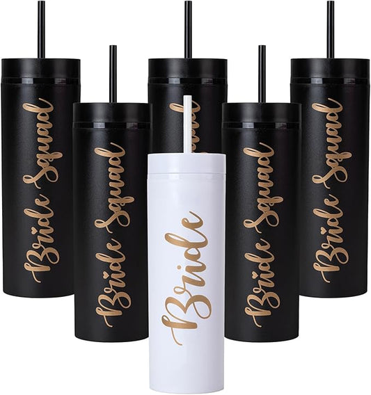 6 Pack Bride to Be Skinny Tumbler | 16 oz Bride Squad Tumblers | Bachelorette Party Cups | Engagement Wedding Gifts Bridesmaids Mugs & Party Supplies (Black)